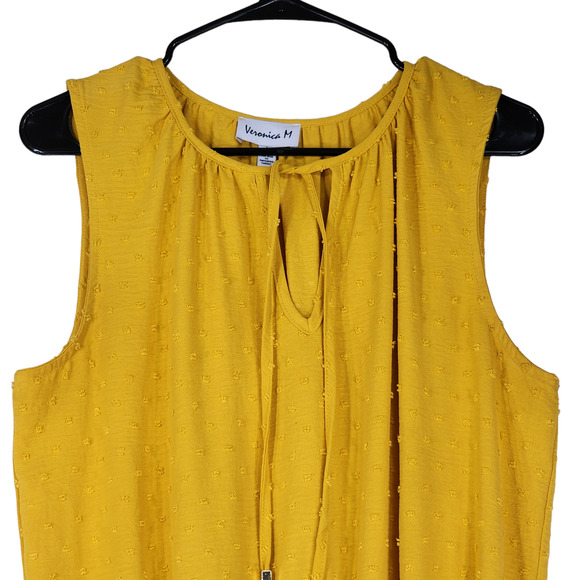 Veronica M. Mini Dress L Women Mustard Yellow Swiss Dot Ruched Ruffle Sleeveless - Picture 8 of 15